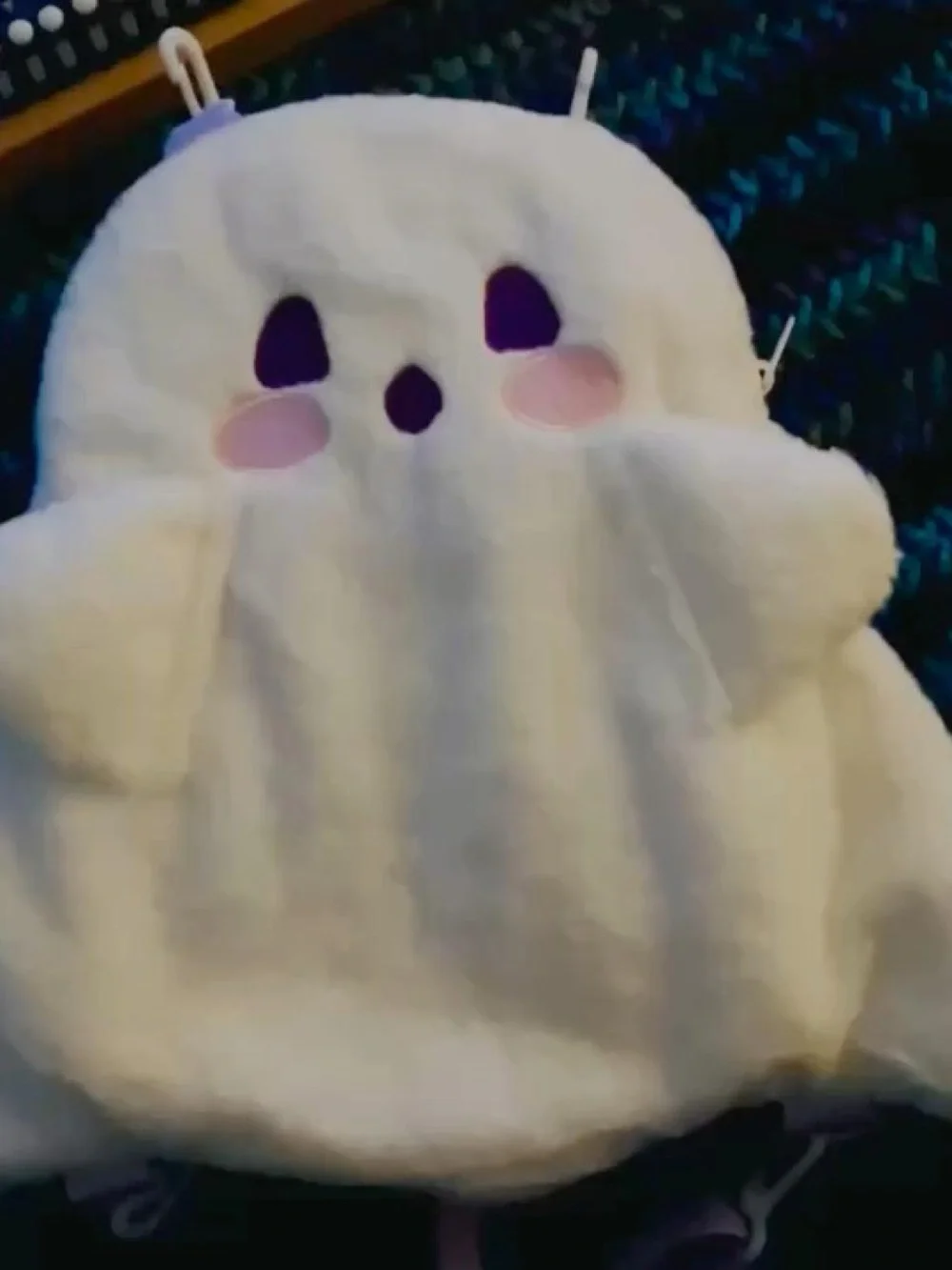 Plush White Ghost Backpack/shoulder bag with Purple eyes and pink cheeks. Kawai